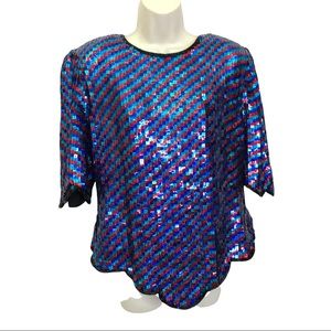 Holiday Party Women’s Sequined Silk 80’s Colorful Boxy Fit Top